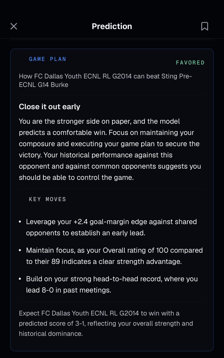 Golazo IQ AI Game Plan — how FC Dallas Youth ECNL RL G2014 can beat Sting Pre-ECNL G14 Burke, with concrete key moves